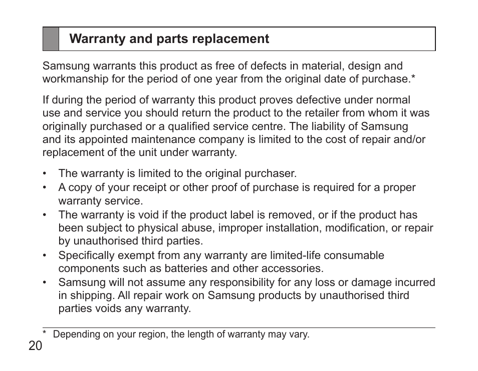 Warranty and parts replacement | Samsung HM5000 User Manual | Page 22 / 134