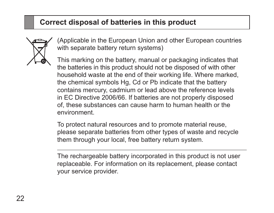 Correct disposal of batteries in this product | Samsung HM5000 User Manual | Page 24 / 134