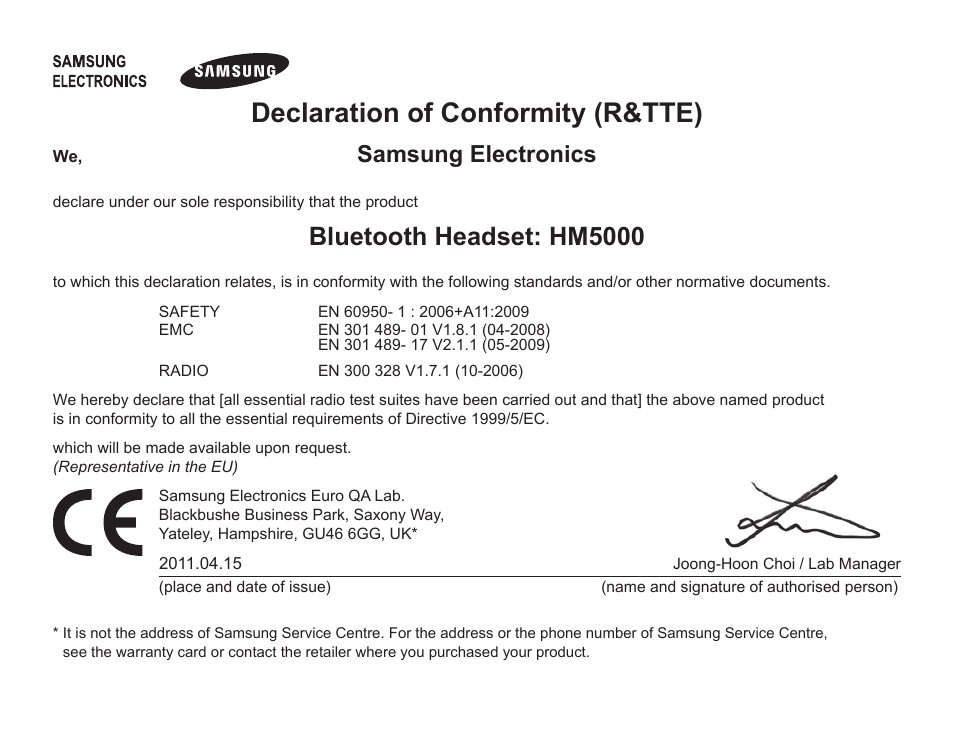 Declaration of conformity (r&tte), Bluetooth headset: hm5000, Samsung electronics | Samsung HM5000 User Manual | Page 26 / 134