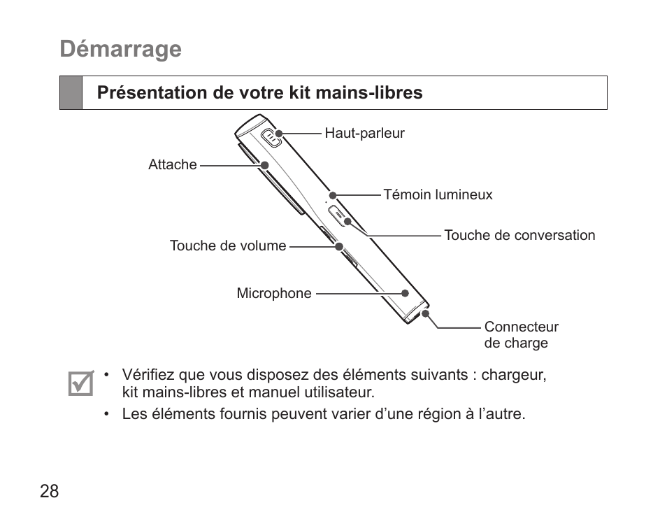 Démarrage, Présentation de votre kit mains-libres | Samsung HM5000 User Manual | Page 30 / 134