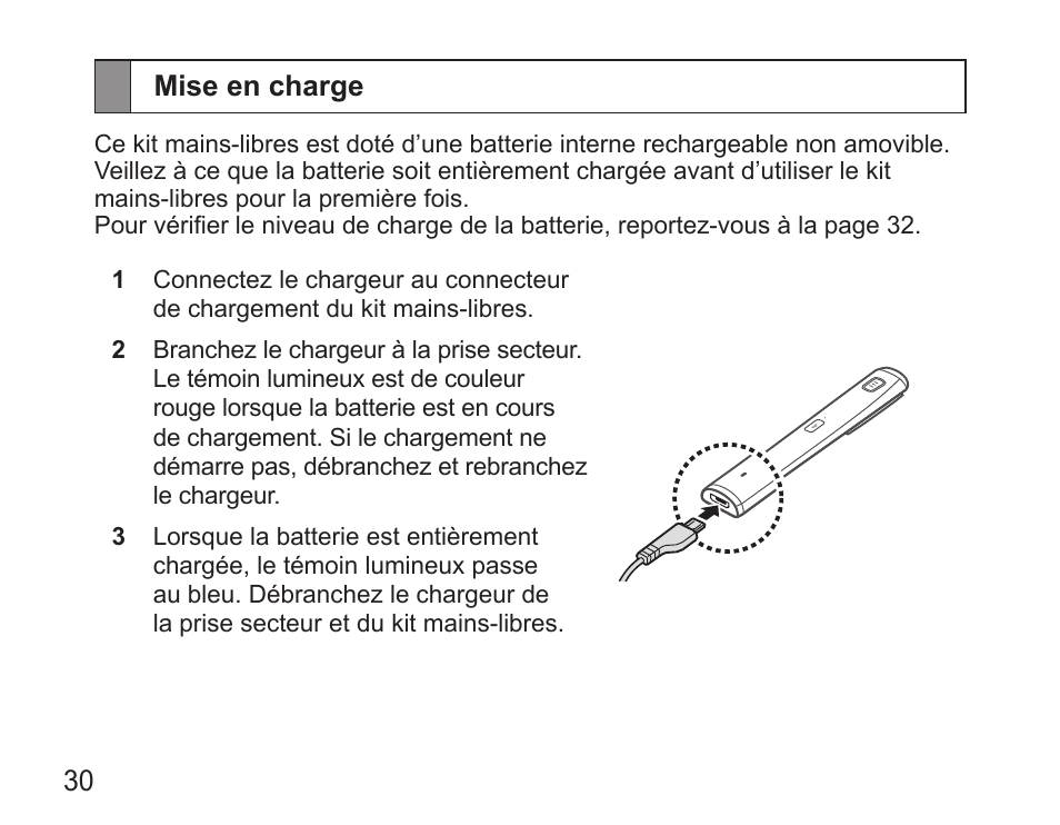 Mise en charge | Samsung HM5000 User Manual | Page 32 / 134