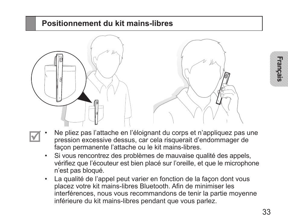 Positionnement du kit mains-libres | Samsung HM5000 User Manual | Page 35 / 134