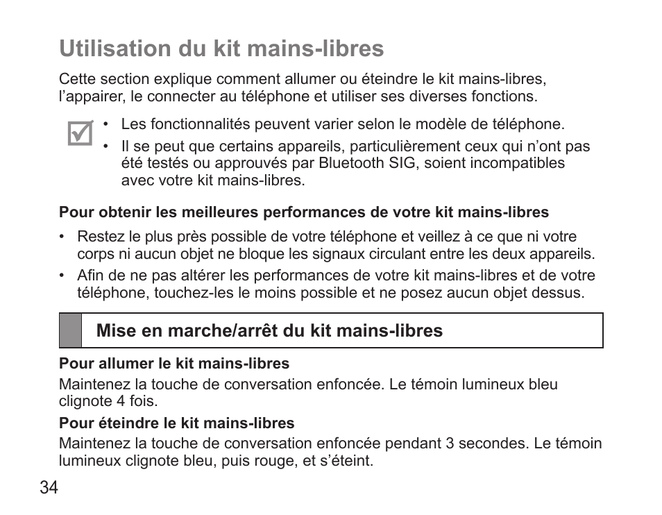 Utilisation du kit mains-libres, Mise en marche/arrêt du kit mains-libres | Samsung HM5000 User Manual | Page 36 / 134