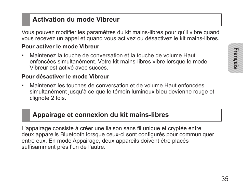 Activation du mode vibreur, Appairage et connexion du kit mains-libres | Samsung HM5000 User Manual | Page 37 / 134