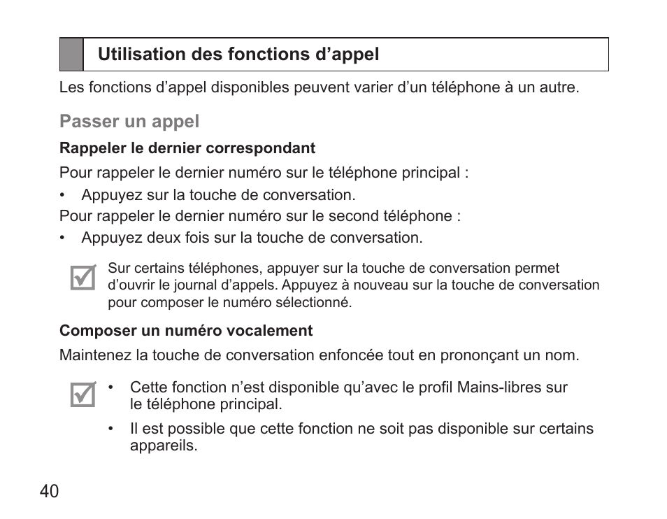 Utilisation des fonctions d’appel | Samsung HM5000 User Manual | Page 42 / 134