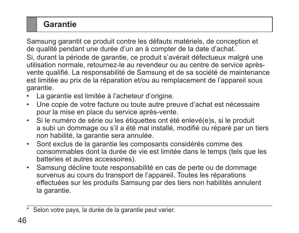 Garantie | Samsung HM5000 User Manual | Page 48 / 134