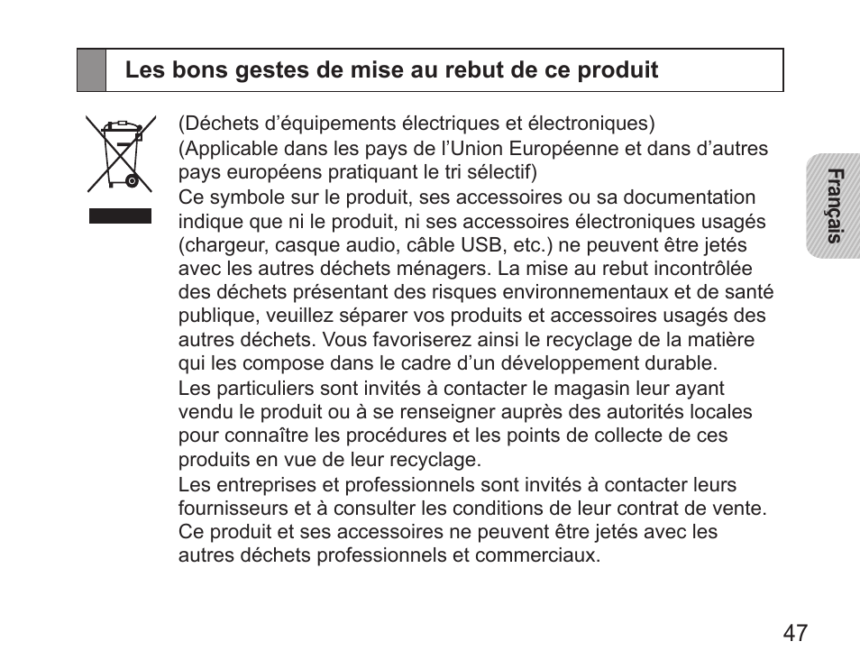 Les bons gestes de mise au rebut de ce produit | Samsung HM5000 User Manual | Page 49 / 134
