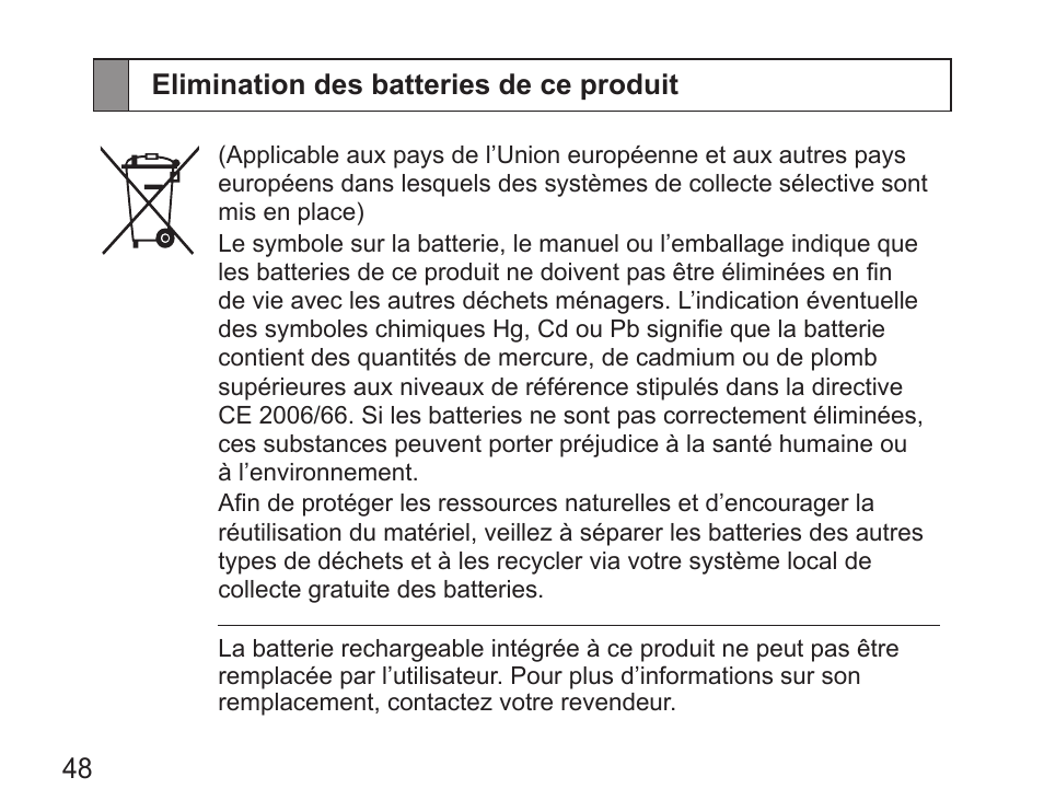 Elimination des batteries de ce produit | Samsung HM5000 User Manual | Page 50 / 134