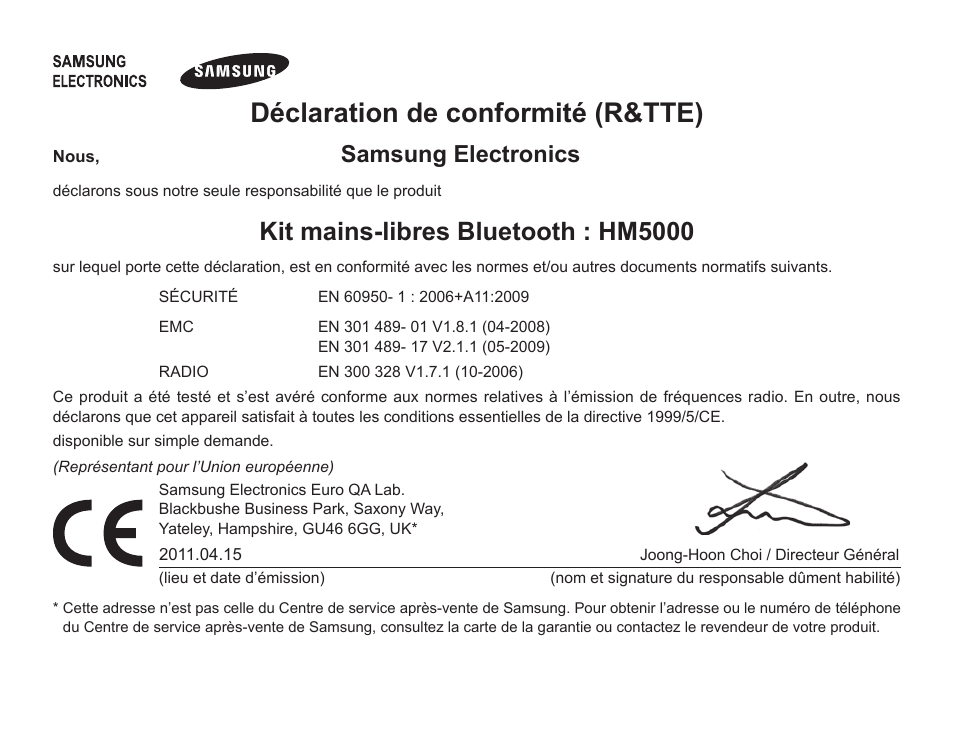 Déclaration de conformité (r&tte), Kit mains-libres bluetooth : hm5000, Samsung electronics | Samsung HM5000 User Manual | Page 52 / 134