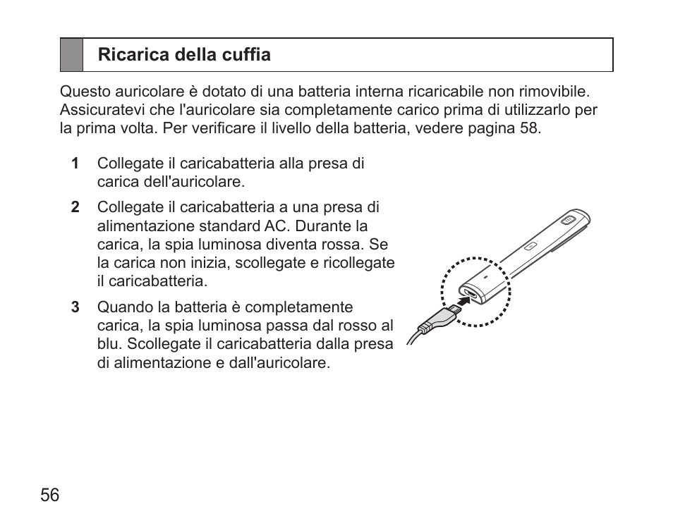 Ricarica della cuffia | Samsung HM5000 User Manual | Page 58 / 134