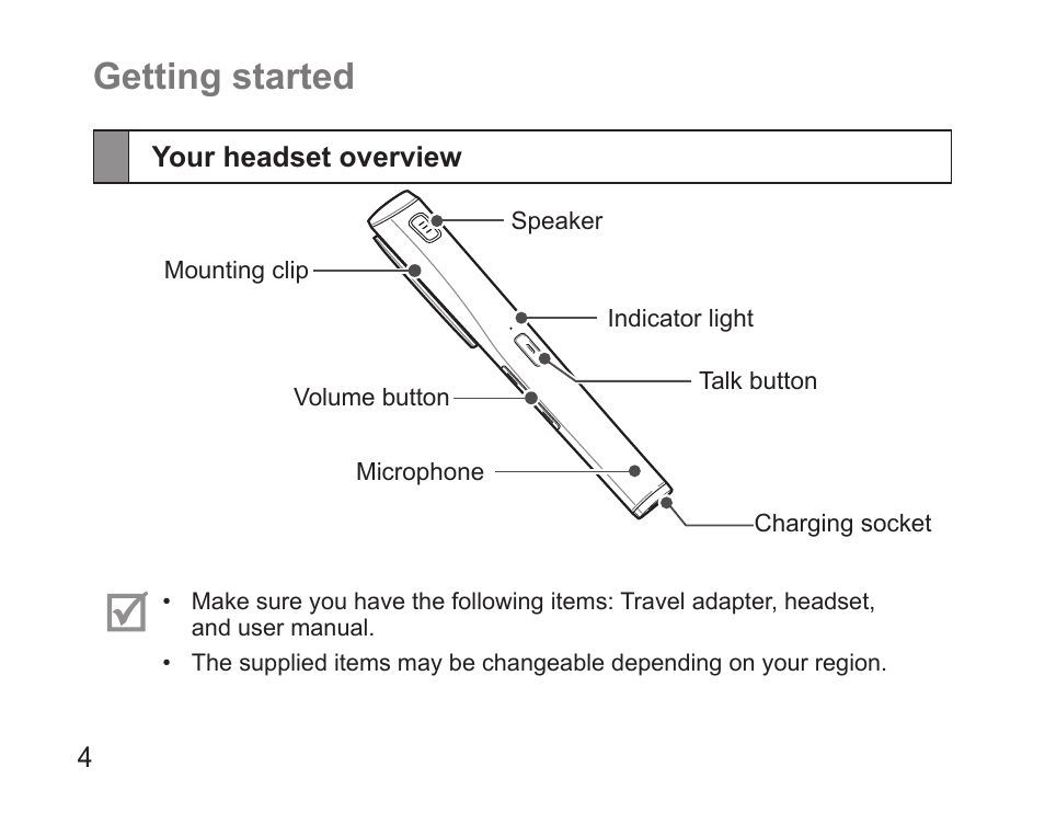 Getting started, Your headset overview | Samsung HM5000 User Manual | Page 6 / 134
