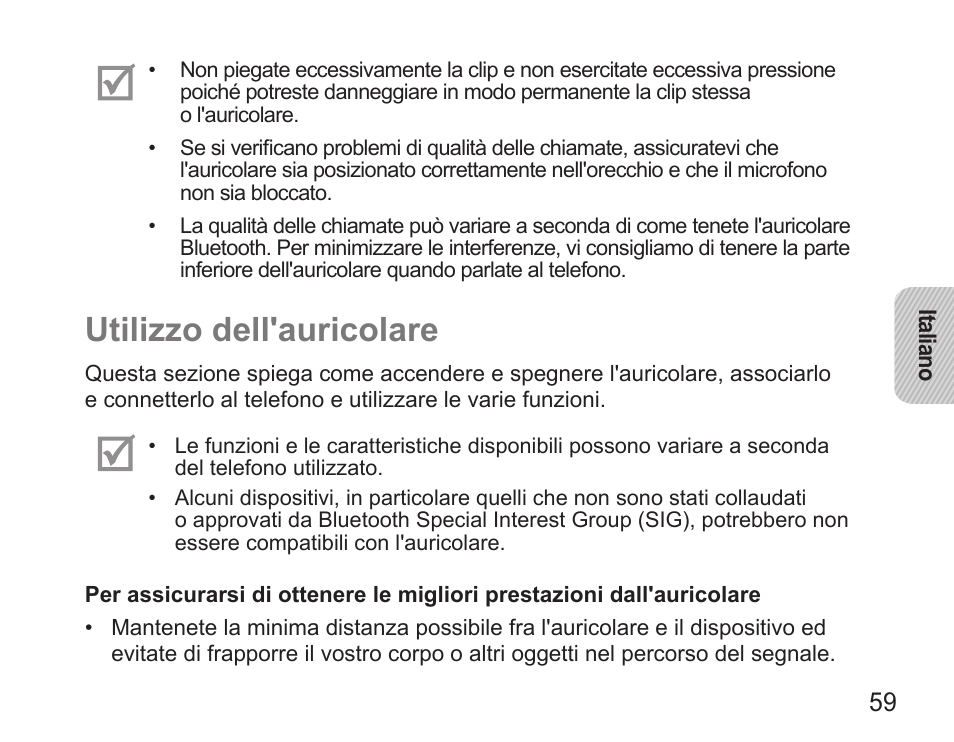 Utilizzo dell'auricolare | Samsung HM5000 User Manual | Page 61 / 134