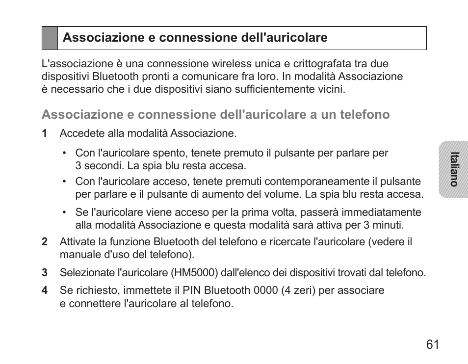 Associazione e connessione dell'auricolare | Samsung HM5000 User Manual | Page 63 / 134