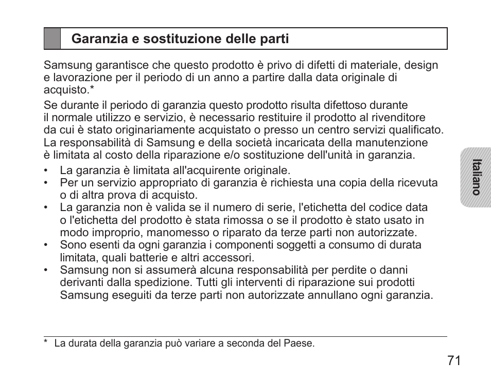 Garanzia e sostituzione delle parti | Samsung HM5000 User Manual | Page 73 / 134