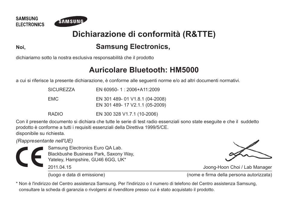 Dichiarazione di conformità (r&tte), Auricolare bluetooth: hm5000, Samsung electronics | Samsung HM5000 User Manual | Page 78 / 134