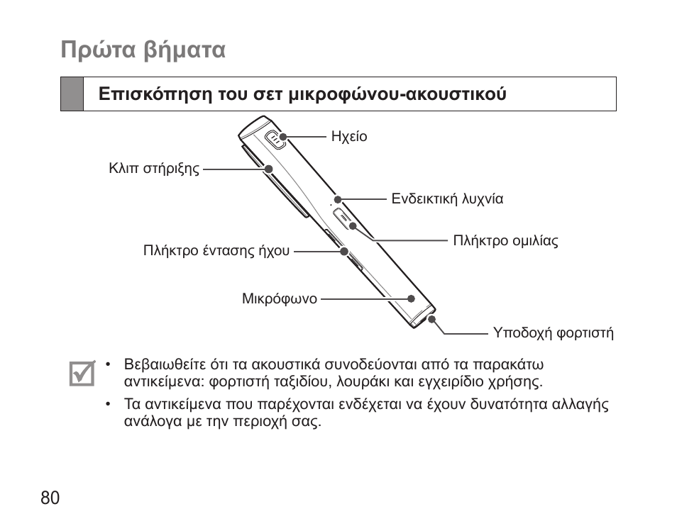 Πρώτα βήματα, Επισκόπηση του σετ μικροφώνου‑ακουστικού | Samsung HM5000 User Manual | Page 82 / 134