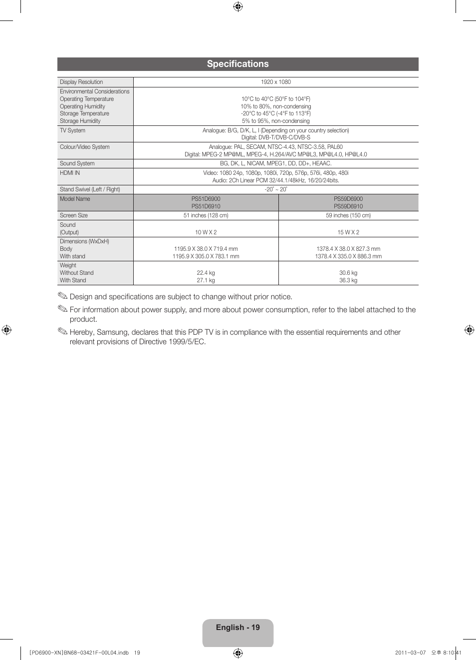 Specifications | Samsung PS51D6900DS User Manual | Page 19 / 78