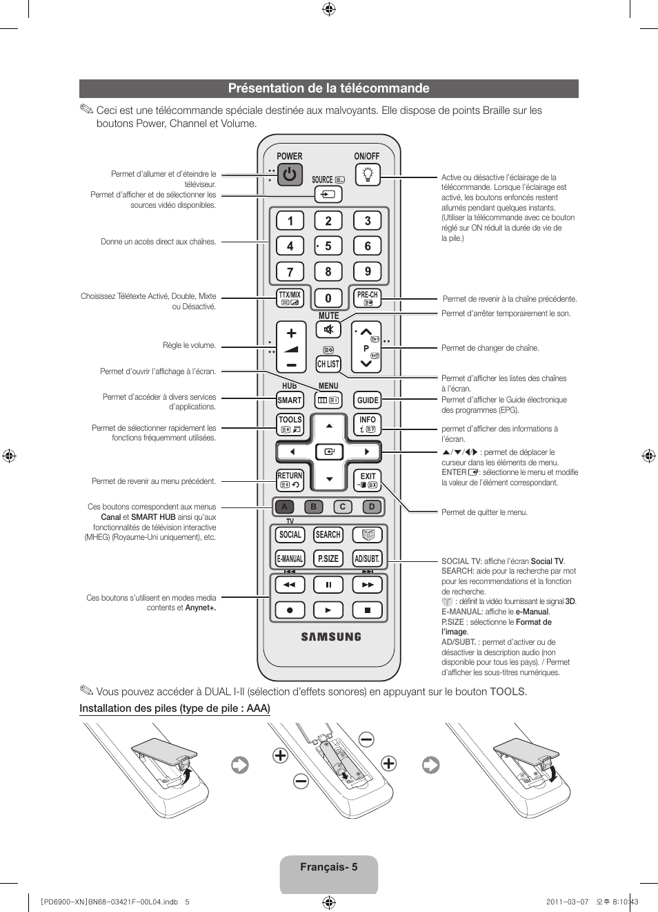 Présentation de la télécommande | Samsung PS51D6900DS User Manual | Page 25 / 78