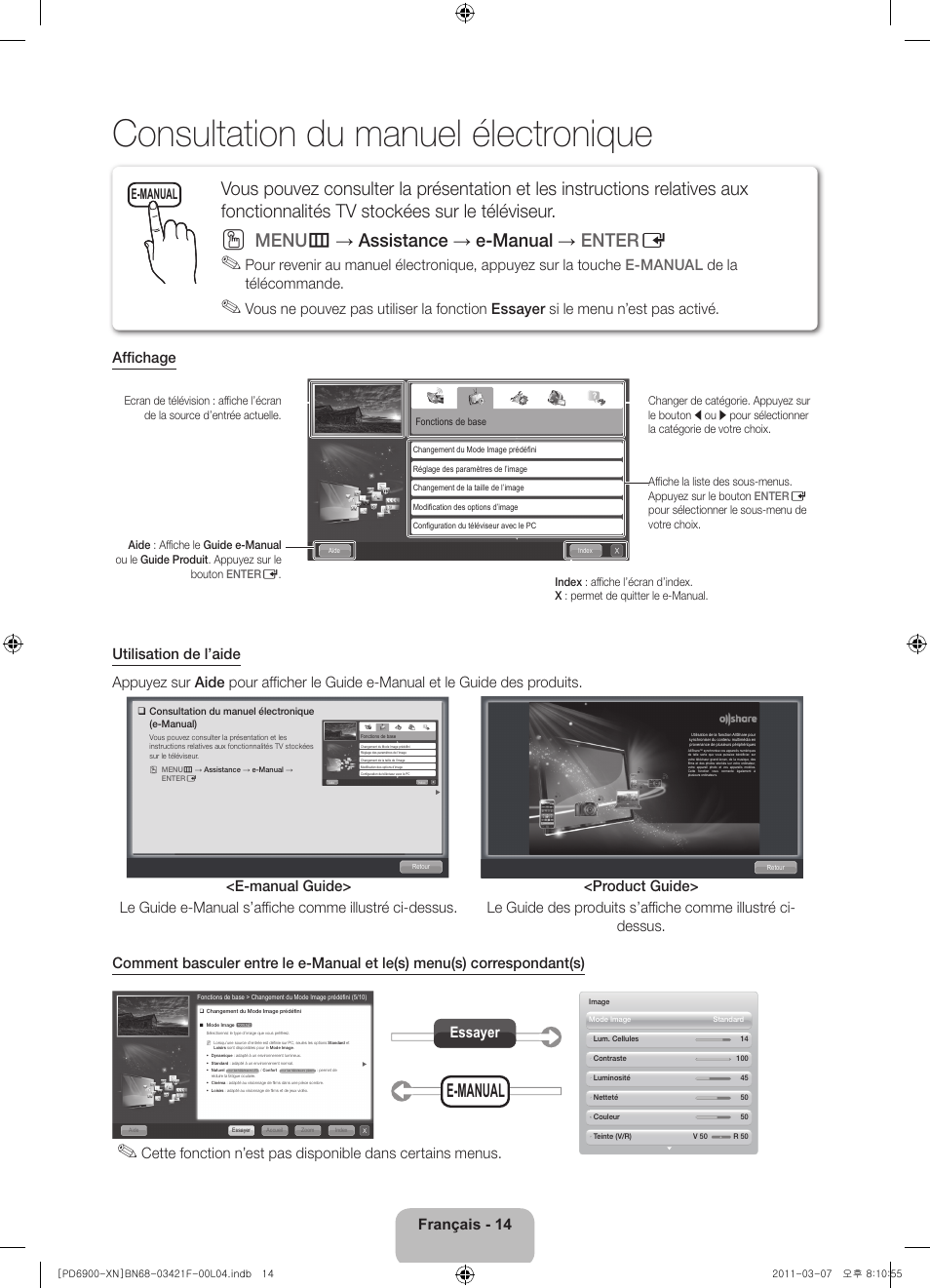 Consultation du manuel électronique, Menu m → assistance → e-manual → enter e, E-manual | Français - 14, Essayer | Samsung PS51D6900DS User Manual | Page 34 / 78