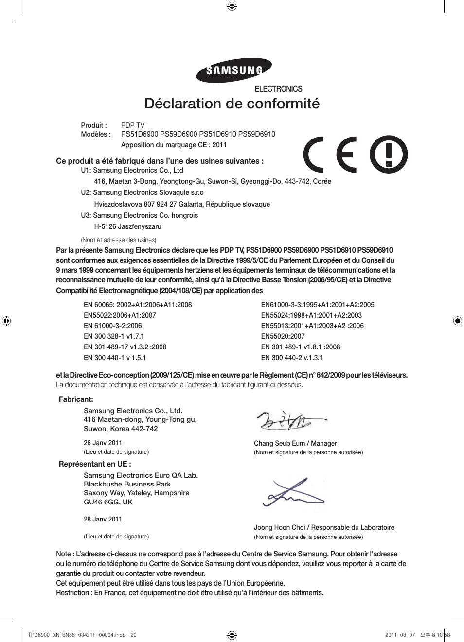 Déclaration de conformité | Samsung PS51D6900DS User Manual | Page 40 / 78