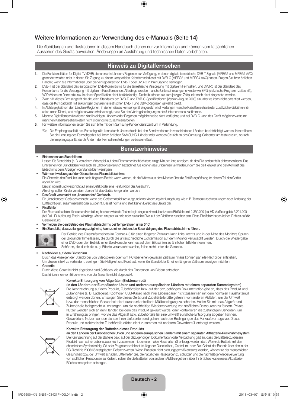 Hinweis zu digitalfernsehen, Benutzerhinweise | Samsung PS51D6900DS User Manual | Page 42 / 78