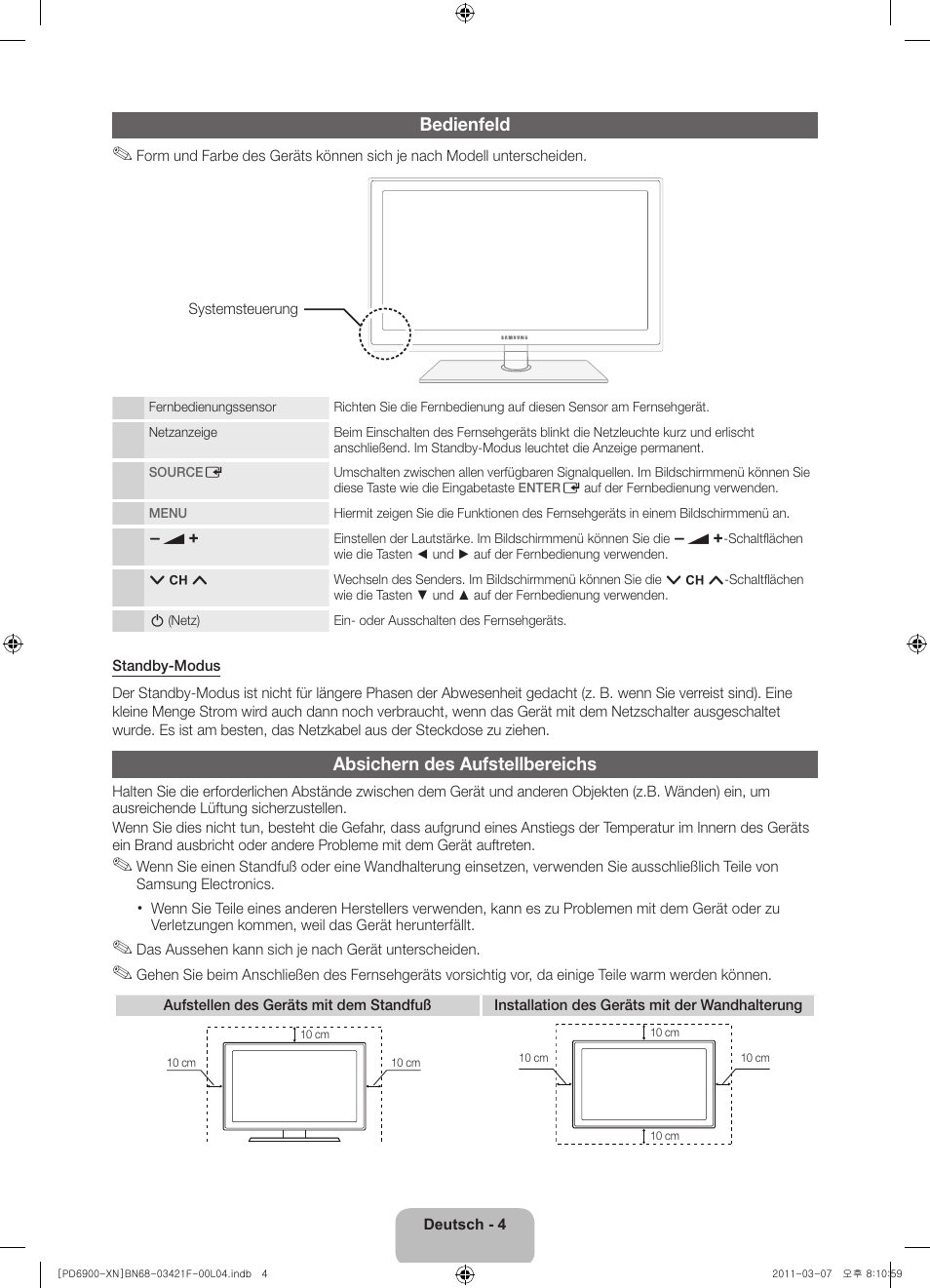 Bedienfeld, Absichern des aufstellbereichs | Samsung PS51D6900DS User Manual | Page 44 / 78