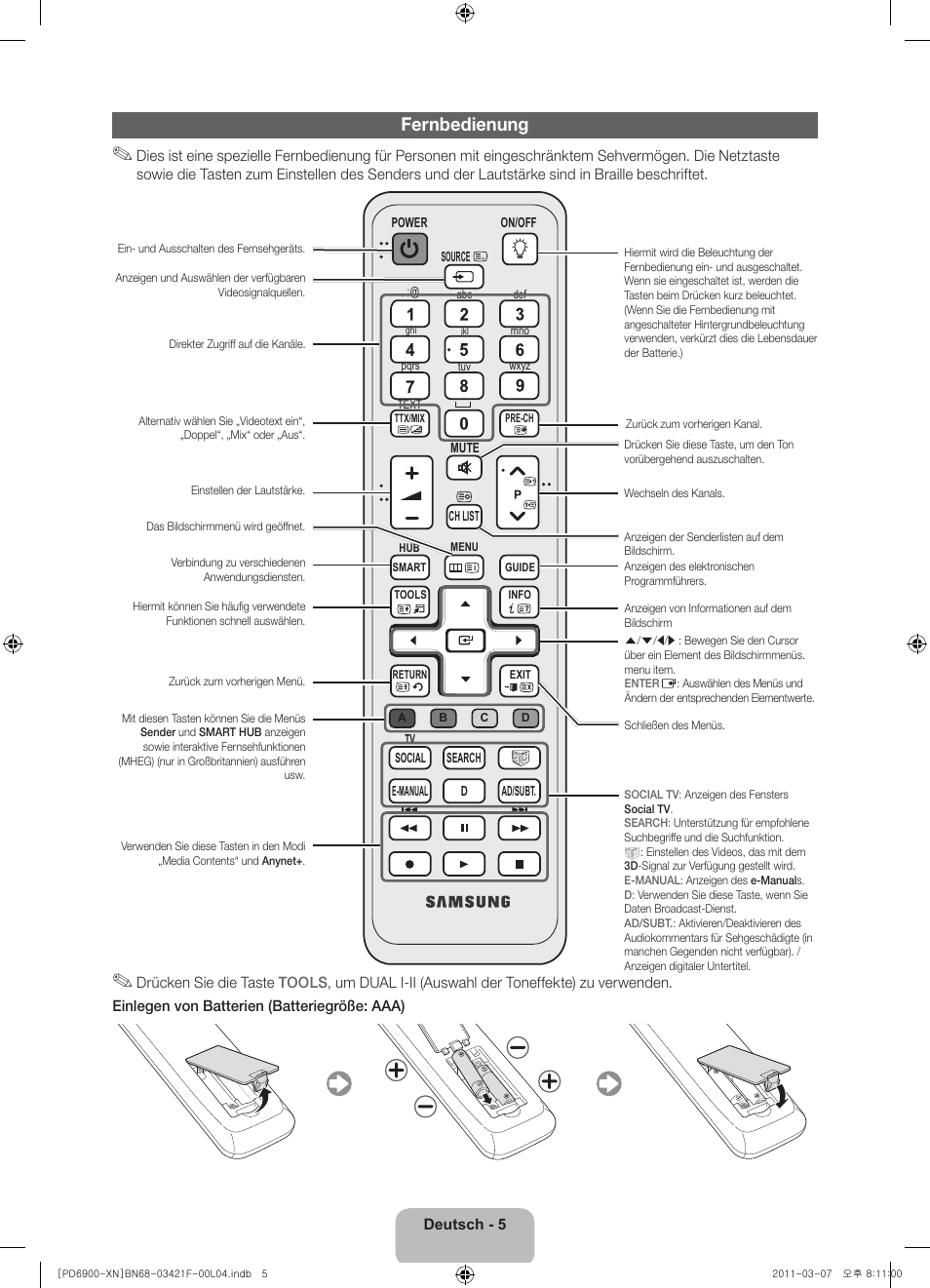 Fernbedienung | Samsung PS51D6900DS User Manual | Page 45 / 78