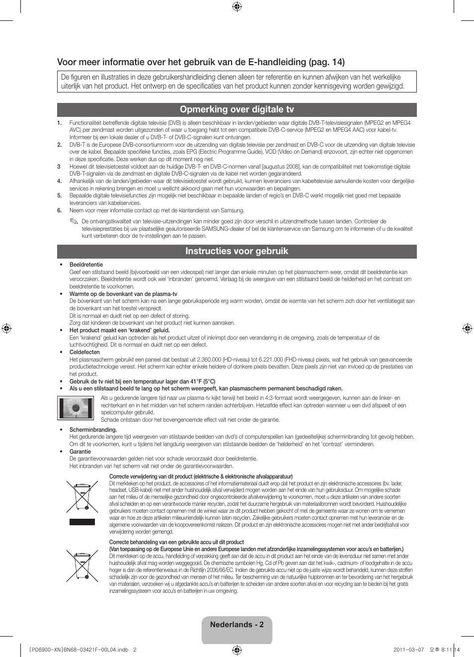 Opmerking over digitale tv, Instructies voor gebruik | Samsung PS51D6900DS User Manual | Page 60 / 78