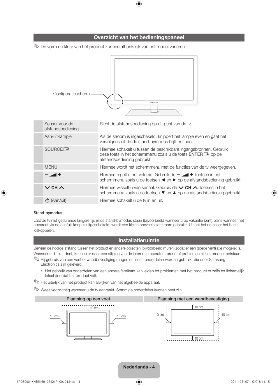 Overzicht van het bedieningspaneel, Installatieruimte | Samsung PS51D6900DS User Manual | Page 62 / 78