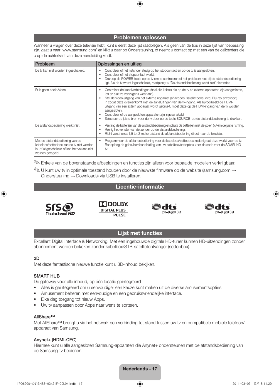 Problemen oplossen, Licentie-informatie lijst met functies | Samsung PS51D6900DS User Manual | Page 75 / 78