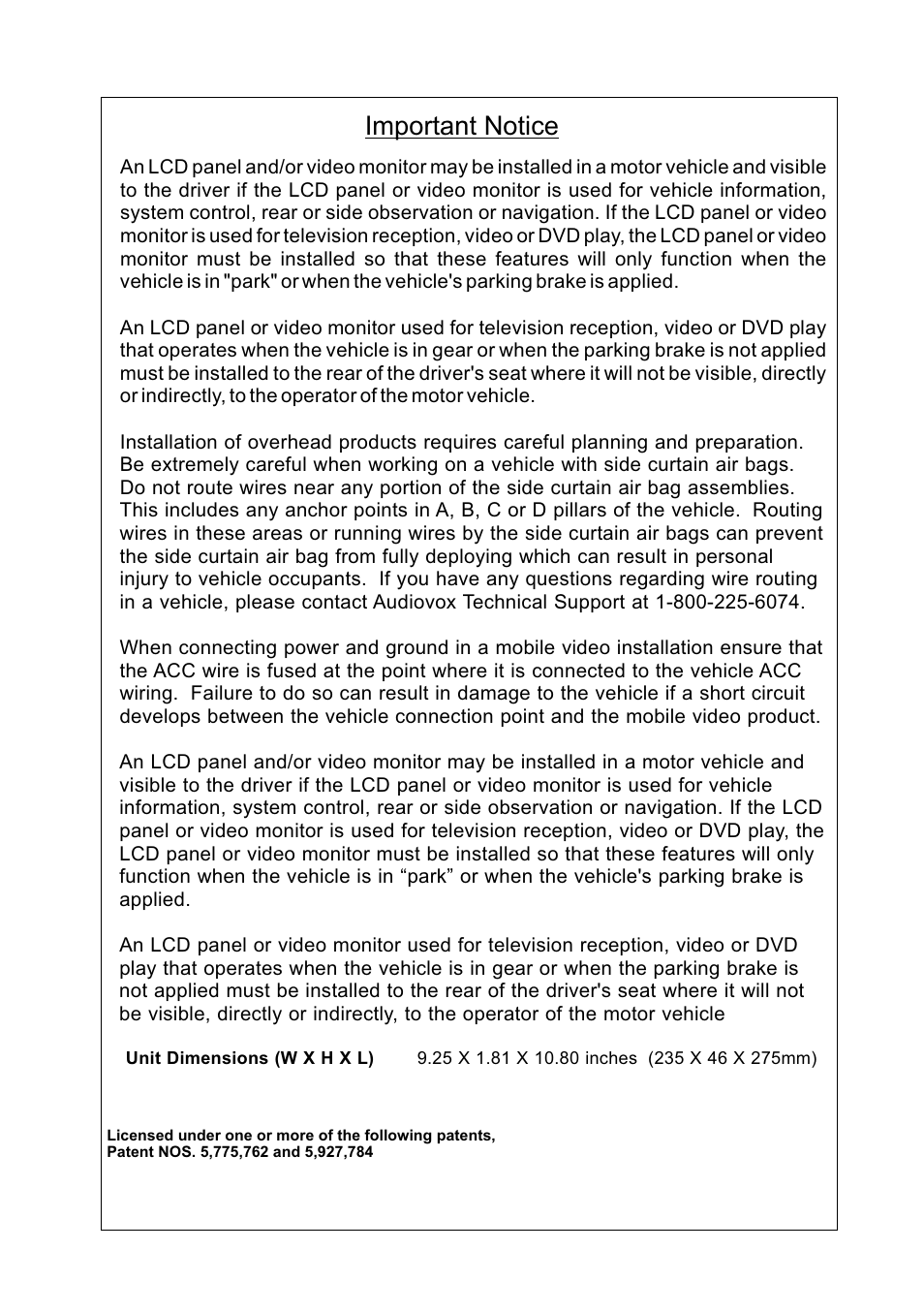 Important notice | Audiovox VOD850 User Manual | Page 2 / 8