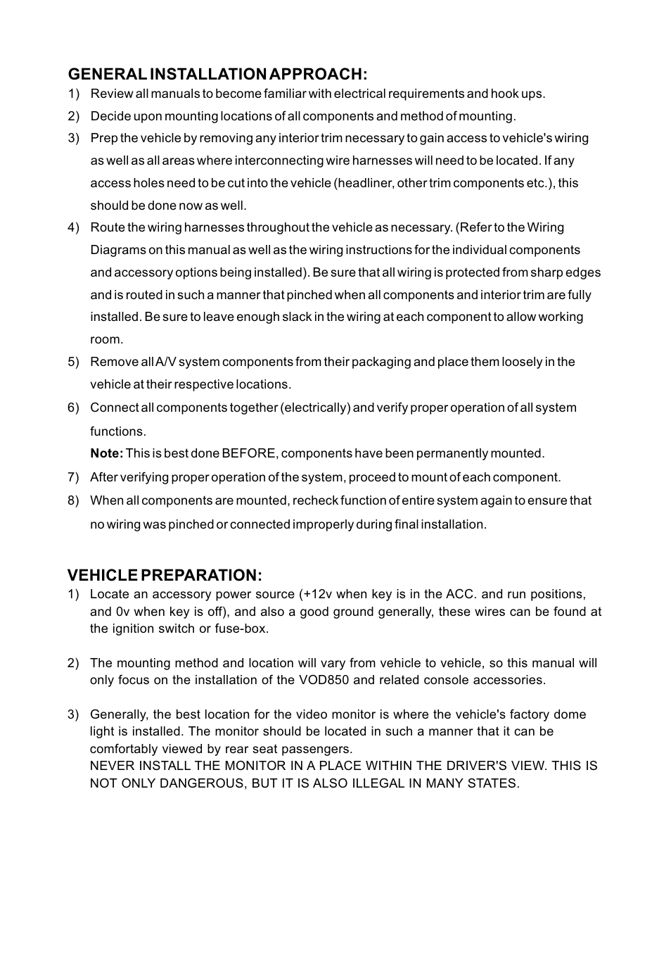 General installation approach, Vehicle preparation | Audiovox VOD850 User Manual | Page 5 / 8