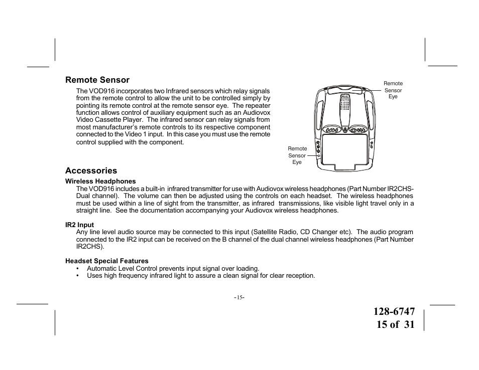 Remote sensor, Accessories | Audiovox VOD916 User Manual | Page 15 / 31