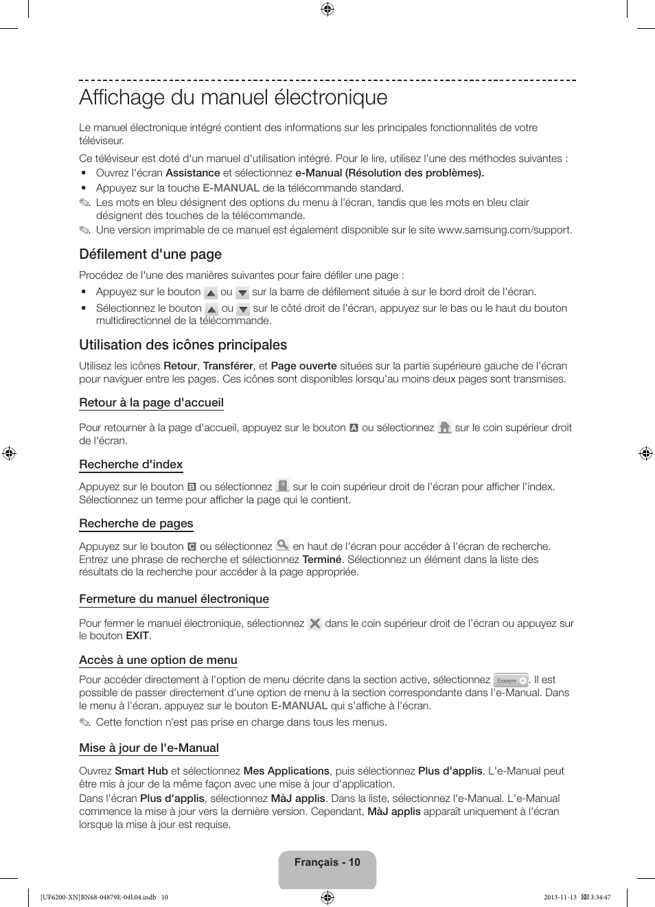 Affichage du manuel électronique, Défilement d'une page, Utilisation des icônes principales | Samsung UE32F6200AW User Manual | Page 30 / 81
