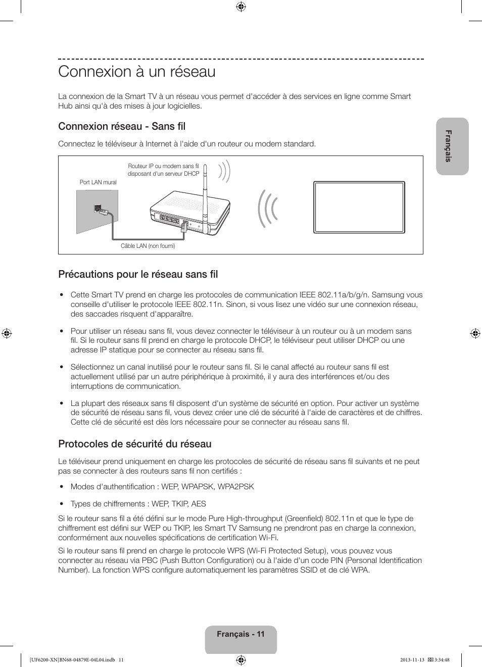 Connexion à un réseau, Connexion réseau - sans fil, Précautions pour le réseau sans fil | Protocoles de sécurité du réseau | Samsung UE32F6200AW User Manual | Page 31 / 81