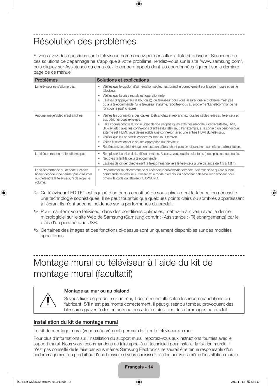 Résolution des problèmes | Samsung UE32F6200AW User Manual | Page 34 / 81