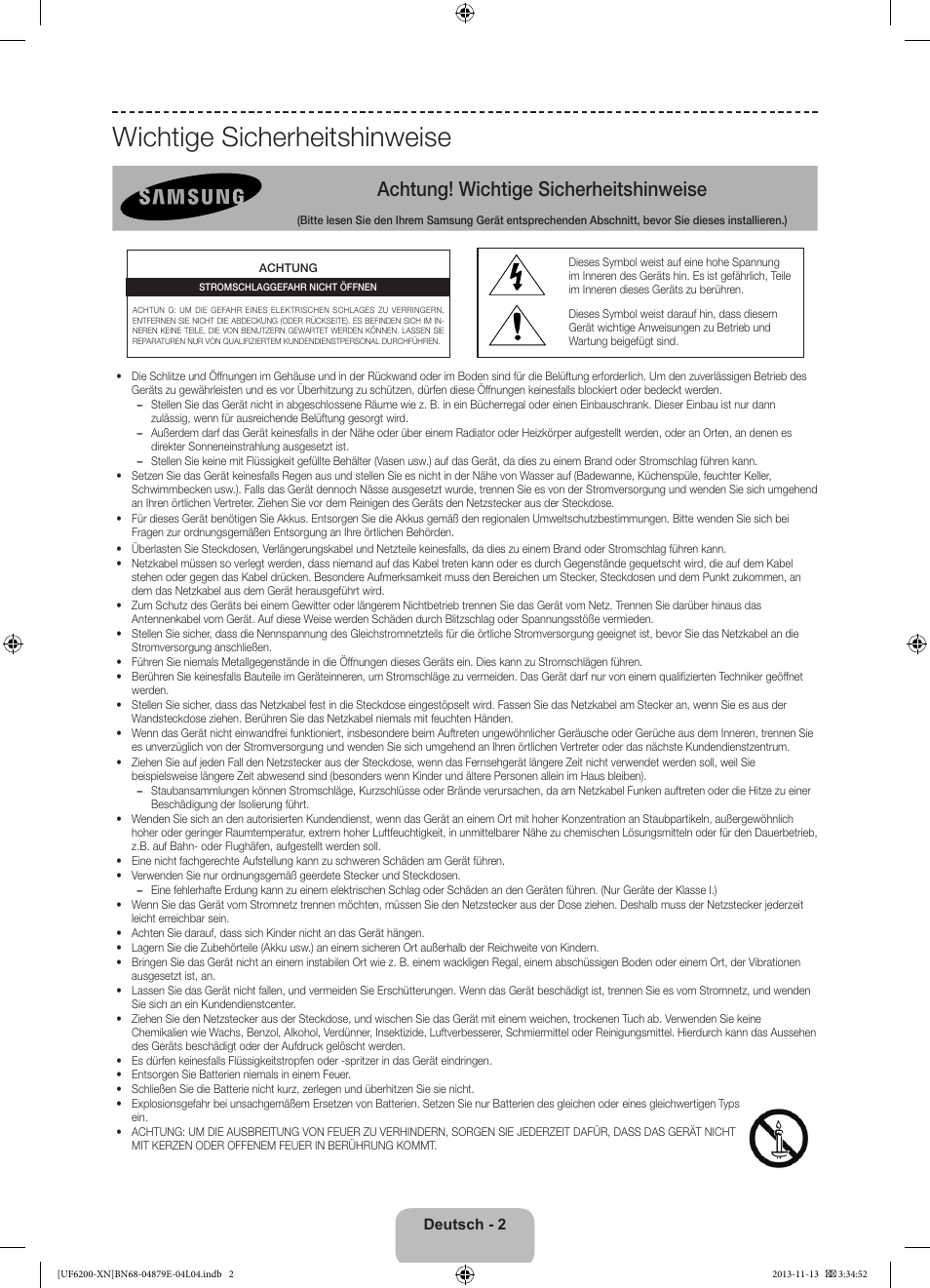 Wichtige sicherheitshinweise, Achtung! wichtige sicherheitshinweise | Samsung UE32F6200AW User Manual | Page 42 / 81