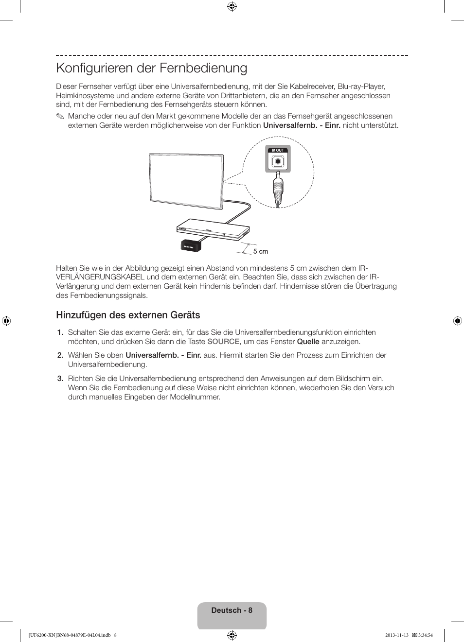 Konfigurieren der fernbedienung, Hinzufügen des externen geräts | Samsung UE32F6200AW User Manual | Page 48 / 81
