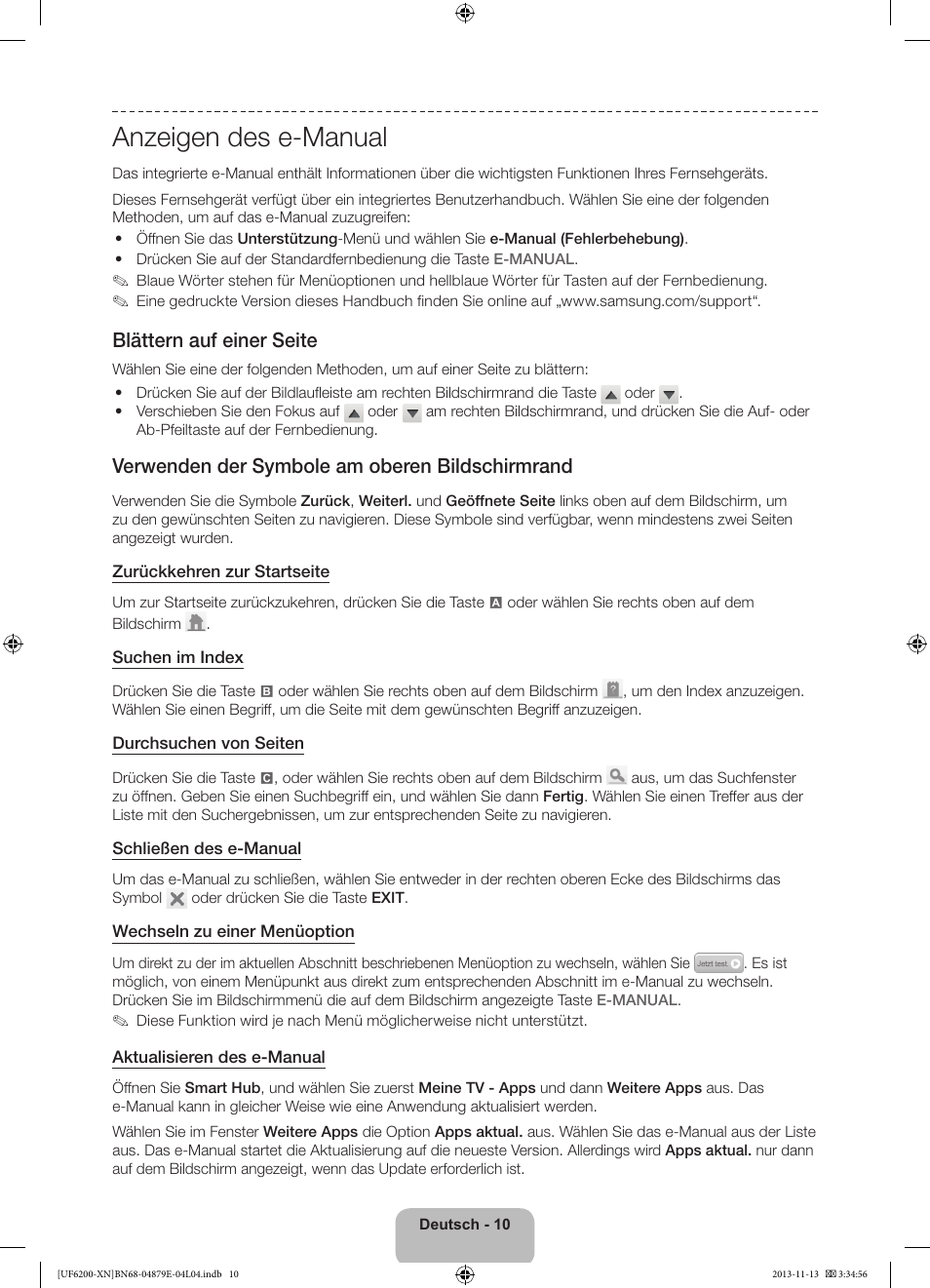 Anzeigen des e-manual, Blättern auf einer seite, Verwenden der symbole am oberen bildschirmrand | Samsung UE32F6200AW User Manual | Page 50 / 81