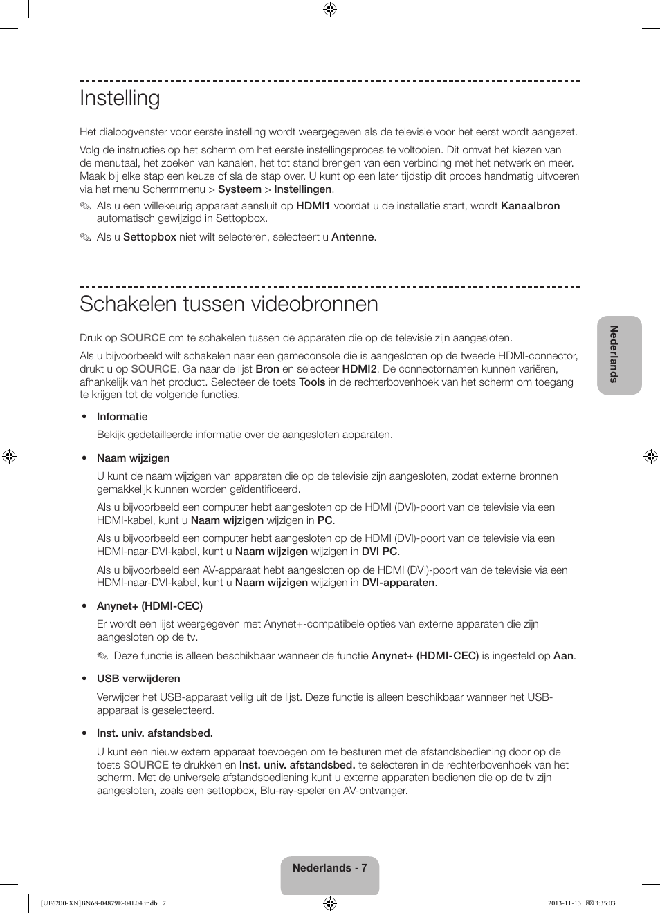 Instelling, Schakelen tussen videobronnen | Samsung UE32F6200AW User Manual | Page 67 / 81