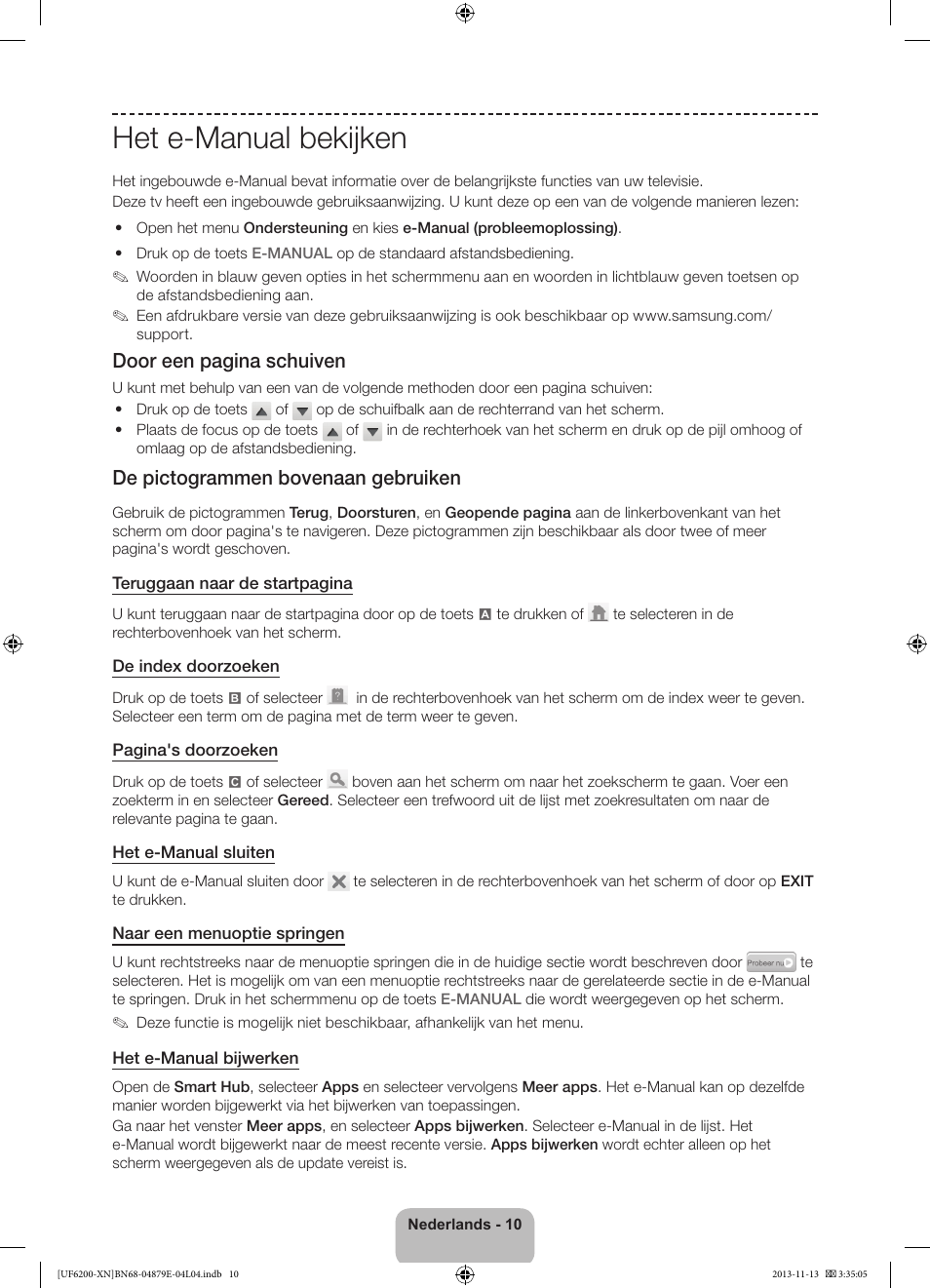 Het e-manual bekijken, Door een pagina schuiven, De pictogrammen bovenaan gebruiken | Samsung UE32F6200AW User Manual | Page 70 / 81