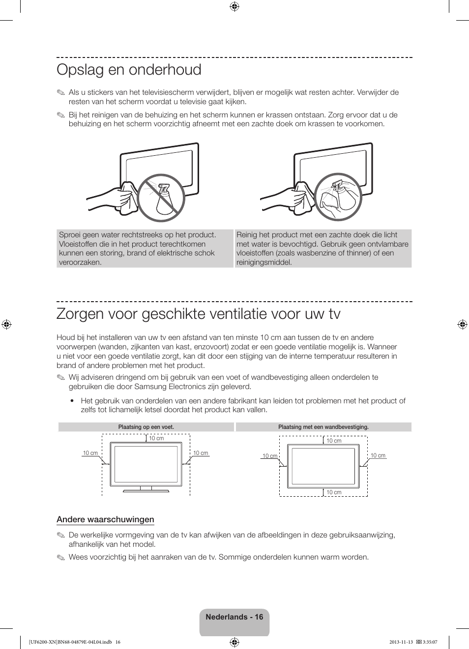 Opslag en onderhoud, Zorgen voor geschikte ventilatie voor uw tv | Samsung UE32F6200AW User Manual | Page 76 / 81