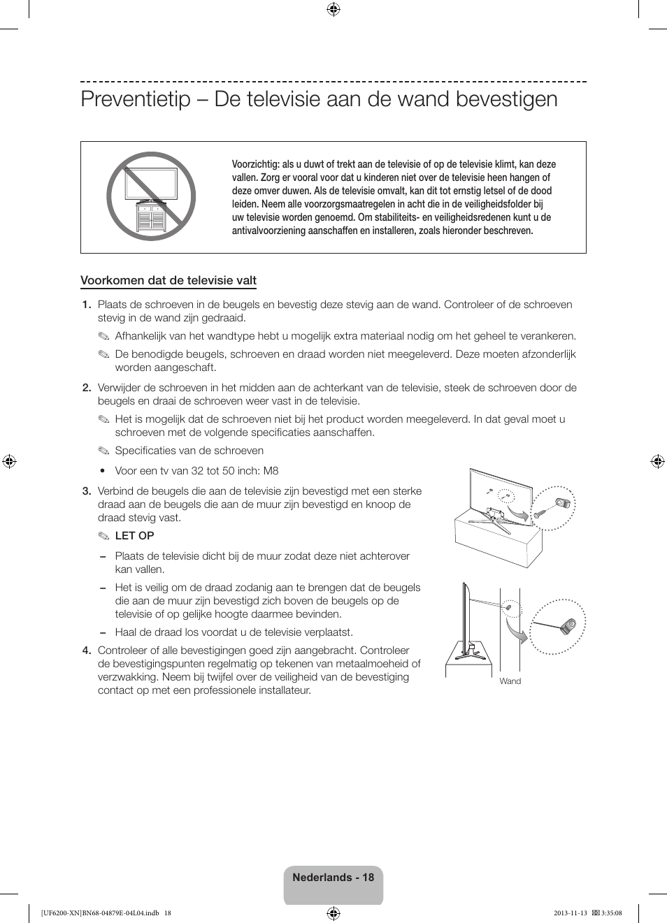 Preventietip – de televisie aan de wand bevestigen | Samsung UE32F6200AW User Manual | Page 78 / 81