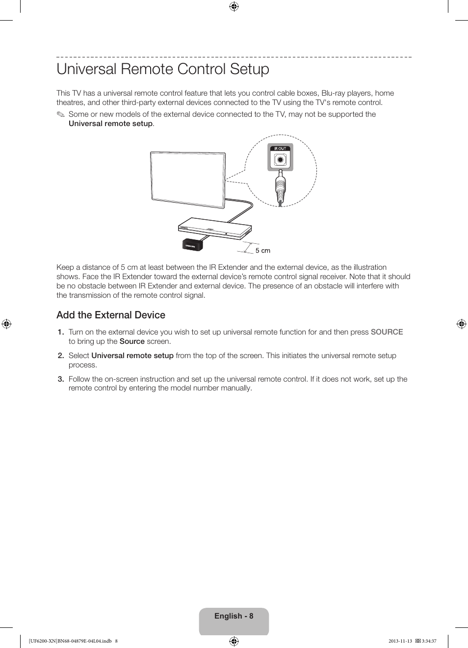 Universal remote control setup, Add the external device | Samsung UE32F6200AW User Manual | Page 8 / 81