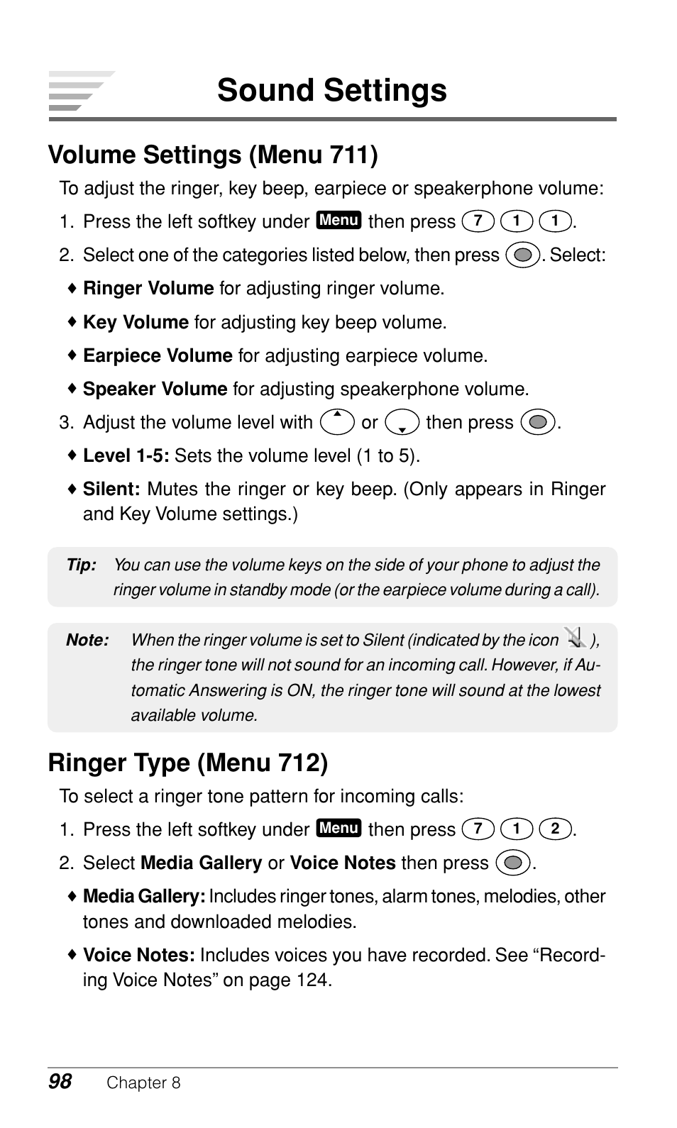 Sound settings, Volume settings (menu 711), Ringer type (menu 712) | Audiovox CDM-9900 User Manual | Page 100 / 162