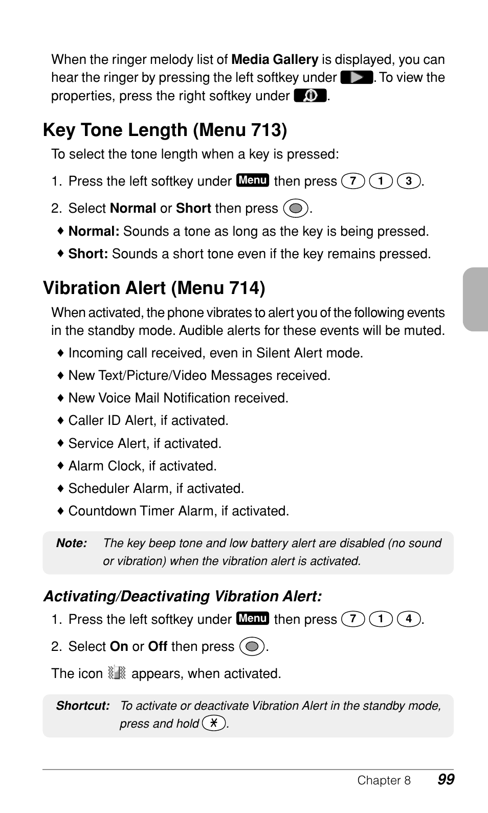 Key tone length (menu 713), Vibration alert (menu 714), Activating/deactivating vibration alert | Audiovox CDM-9900 User Manual | Page 101 / 162