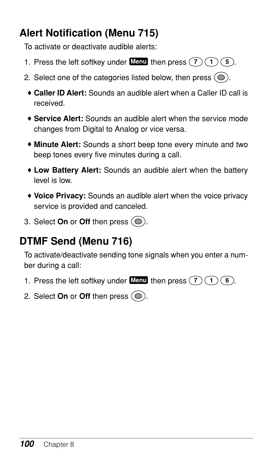 Alert notification (menu 715), Dtmf send (menu 716) | Audiovox CDM-9900 User Manual | Page 102 / 162