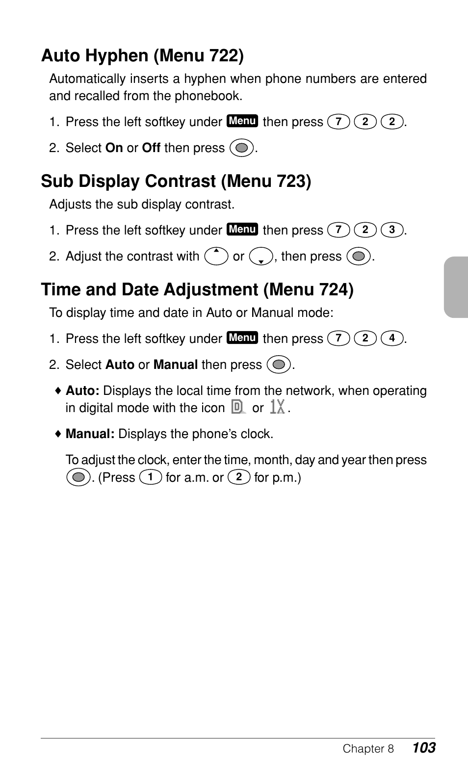Auto hyphen (menu 722), Sub display contrast (menu 723), Time and date adjustment (menu 724) | Audiovox CDM-9900 User Manual | Page 105 / 162