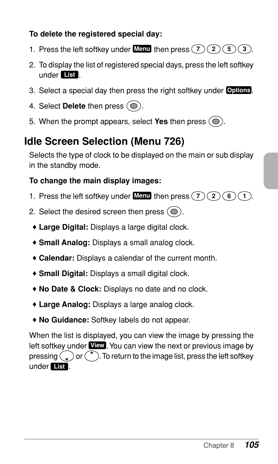 Idle screen selection (menu 726) | Audiovox CDM-9900 User Manual | Page 107 / 162