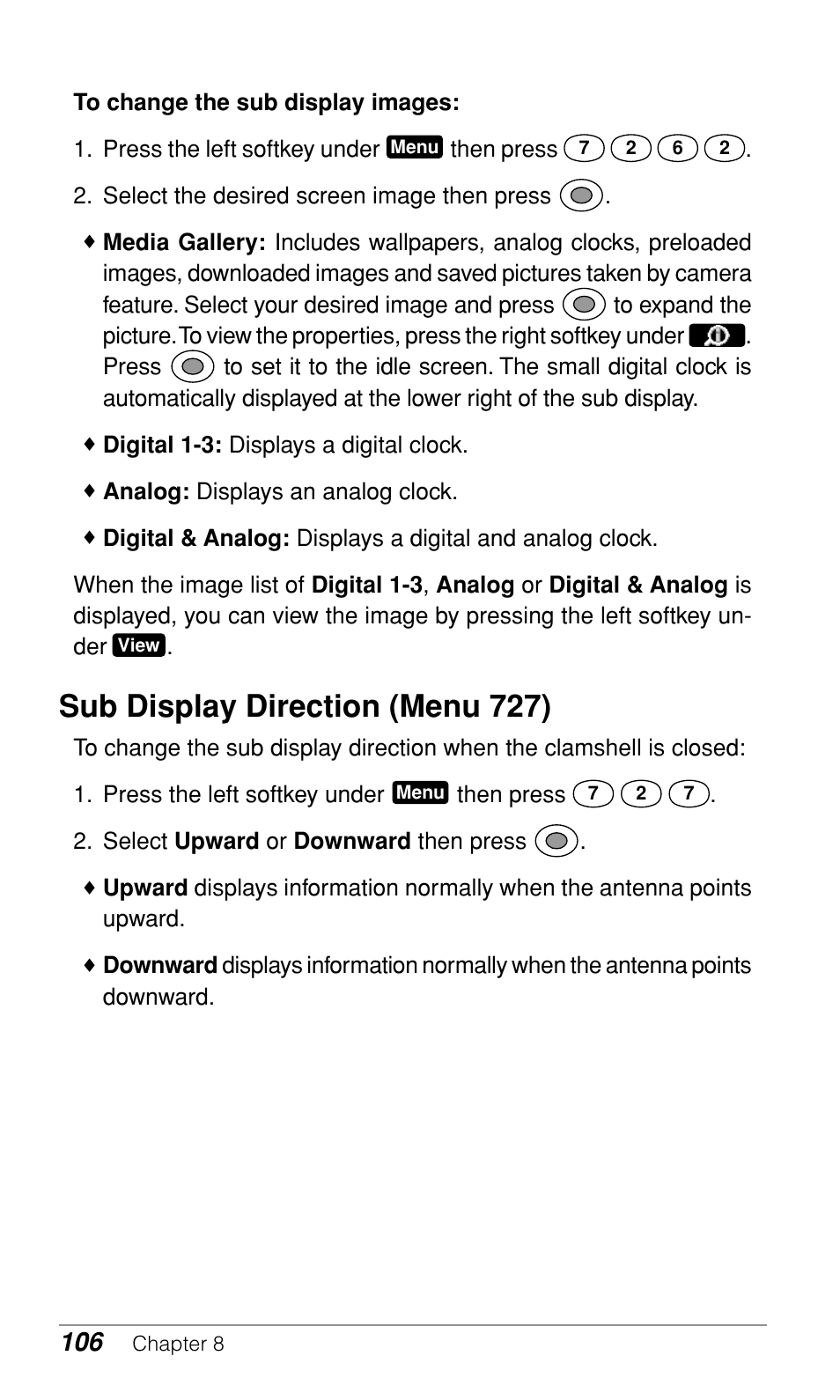 Sub display direction (menu 727) | Audiovox CDM-9900 User Manual | Page 108 / 162